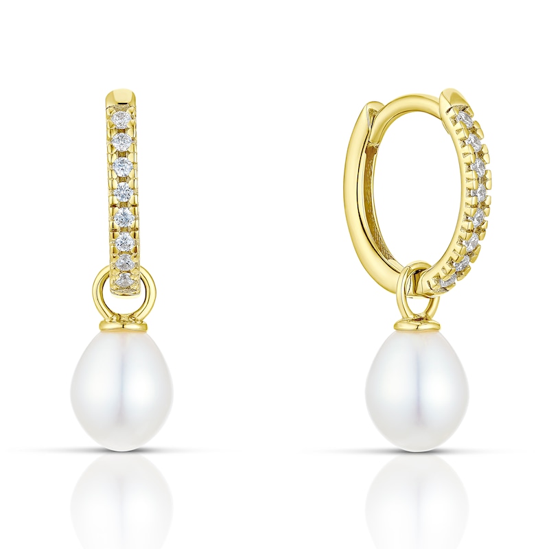Main Image 1 of 9ct Yellow Gold Pearl & Cubic Zirconia Hoop Drop Earrings