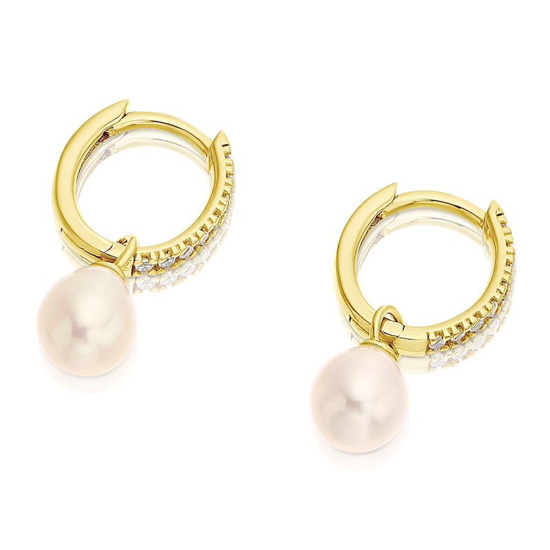 Main Image 2 of 9ct Yellow Gold Pearl & Cubic Zirconia Hoop Drop Earrings