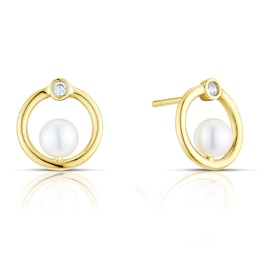 9ct Yellow Gold Pearl & Cubic Zirconia Circle Stud Earrings