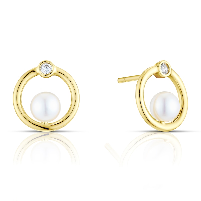 Main Image 1 of 9ct Yellow Gold Pearl & Cubic Zirconia Circle Stud Earrings