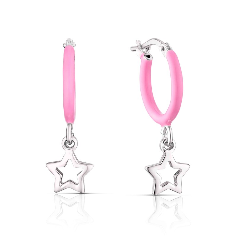Children's Sterling Silver Pink Enamel Star Hoop Earrings