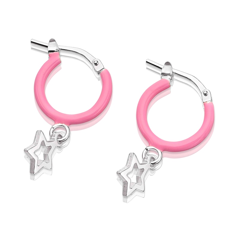 Children's Sterling Silver Pink Enamel Star Hoop Earrings