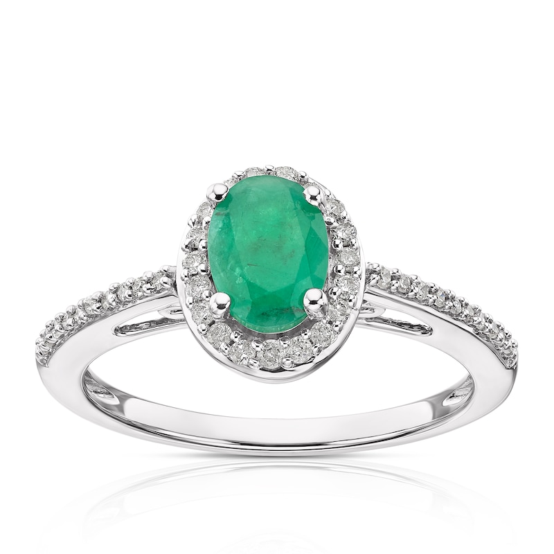 9ct White Gold Emerald 0.15ct Diamond Oval Halo Ring