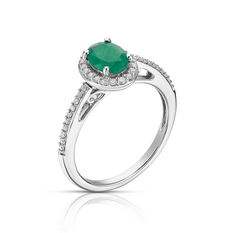 9ct White Gold Emerald 0.15ct Diamond Oval Halo Ring