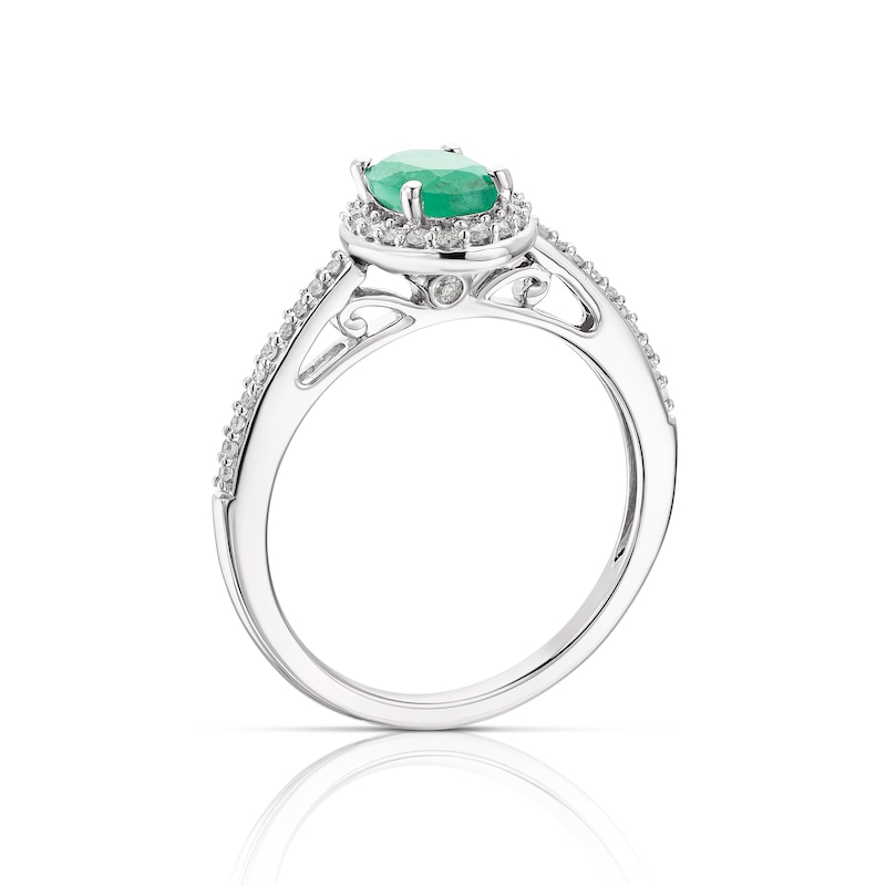 9ct White Gold Emerald 0.15ct Diamond Oval Halo Ring