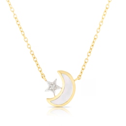 Sterling Silver Gold Vermeil 0.01ct Diamond MOP Moon & Star Necklace