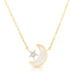 Sterling Silver Gold Vermeil 0.01ct Diamond MOP Moon & Star Necklace