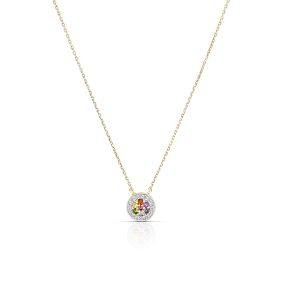 9ct Yellow Gold Multi Stone and 0.07ct Diamond Halo Pendant