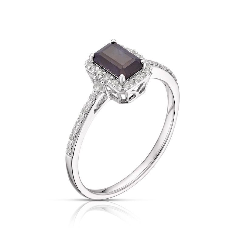 Main Image 2 of 9ct White Gold Emerald Shaped Sapphire 0.15ct Diamond Halo Ring