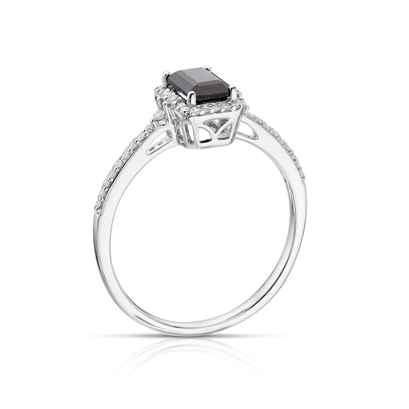 9ct White Gold Emerald Shaped Sapphire 0.15ct Diamond Halo Ring