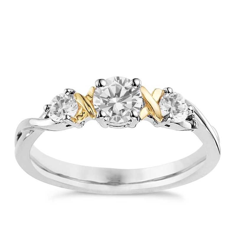 Silver and yellow gold cubic zirconia trilogy ring