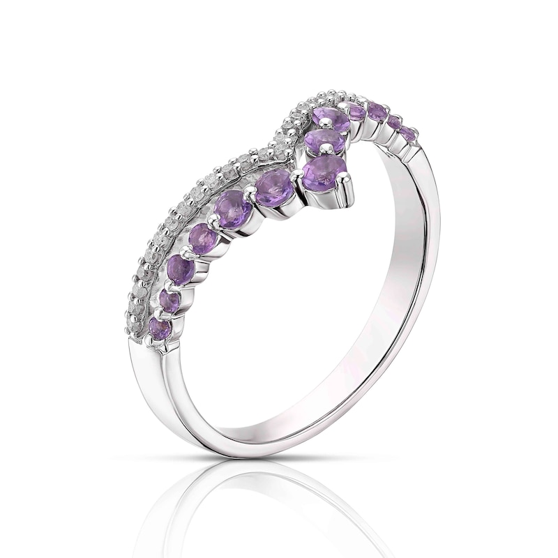 Sterling Silver Amethyst 0.08ct Diamond Wishbone Ring
