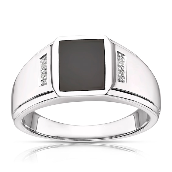 Mens Sterling Silver Onyx and Diamond Square Signet Ring