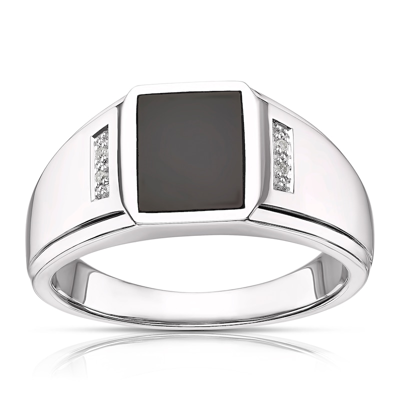 Main Image 1 of Men's Sterling Silver Onyx & Diamond Square Signet Ring