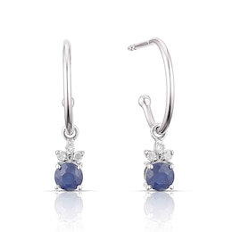 Sterling Silver Sapphire 0.05ct Diamond Drop Hoop Earrings