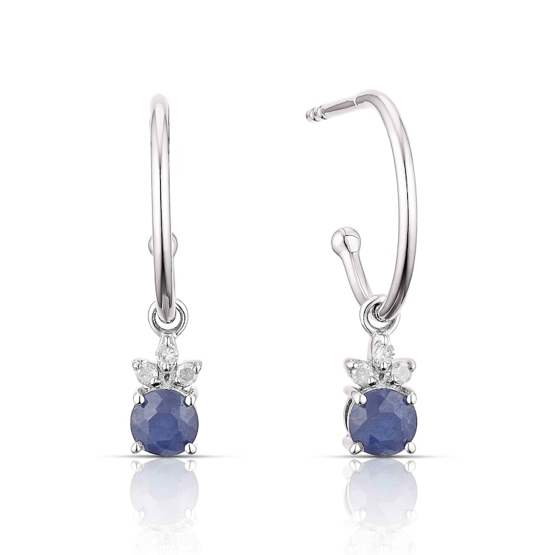 Main Image 1 of Sterling Silver Sapphire 0.05ct Diamond Drop Hoop Earrings