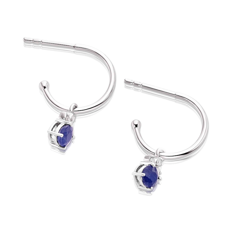 Sterling Silver Sapphire 0.05ct Diamond Drop Hoop Earrings