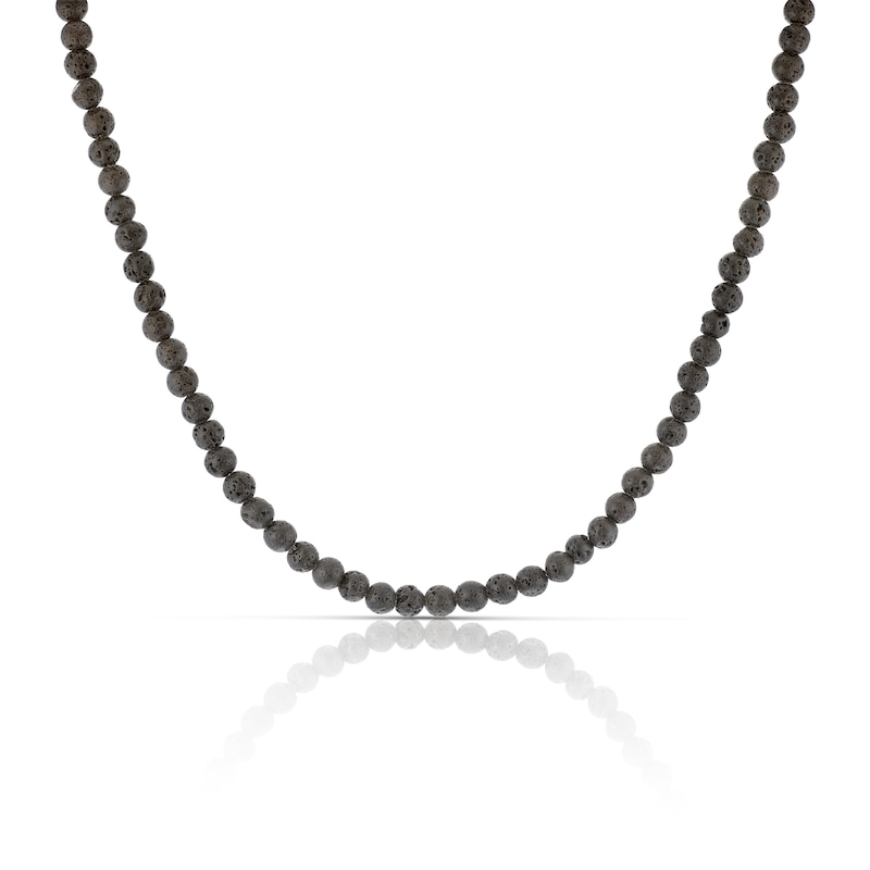 Mens Stainless Steel Black Lava Stone Bead Necklace
