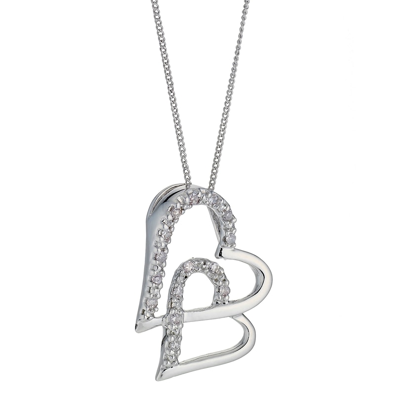 Main Image 1 of 9ct White Gold Diamond Double Interlocking Heart Pendant