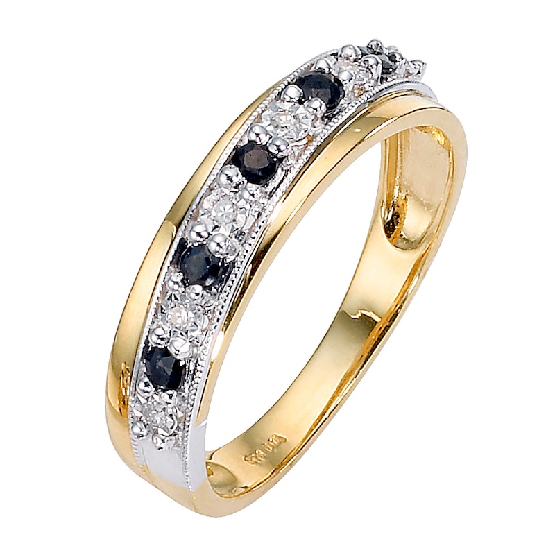Main Image 1 of 9ct Yellow Gold Two Colour Sapphire and Diamond Crossover Ring