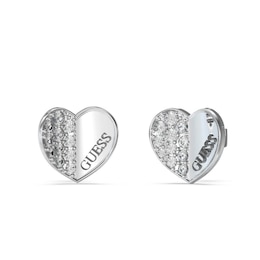 Guess Rhodium Plated Steel PavÃÂ© Crystal Heart Stud Earrings
