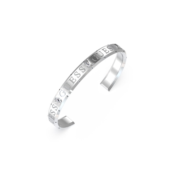 Guess Logo Rhodium Plated Steel Crystal Bangle