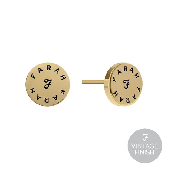 Farah Mens Gold Tone Disc Logo Stud Earrings