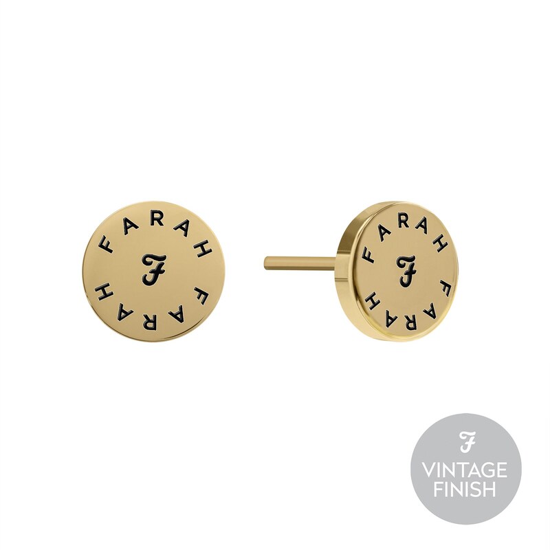Main Image 1 of Farah Men's Gold Tone Disc Logo Stud Earrings