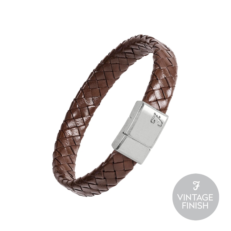 Main Image 1 of Farah Men's Stainless Steel & Tan Plaited Leather Bracelet