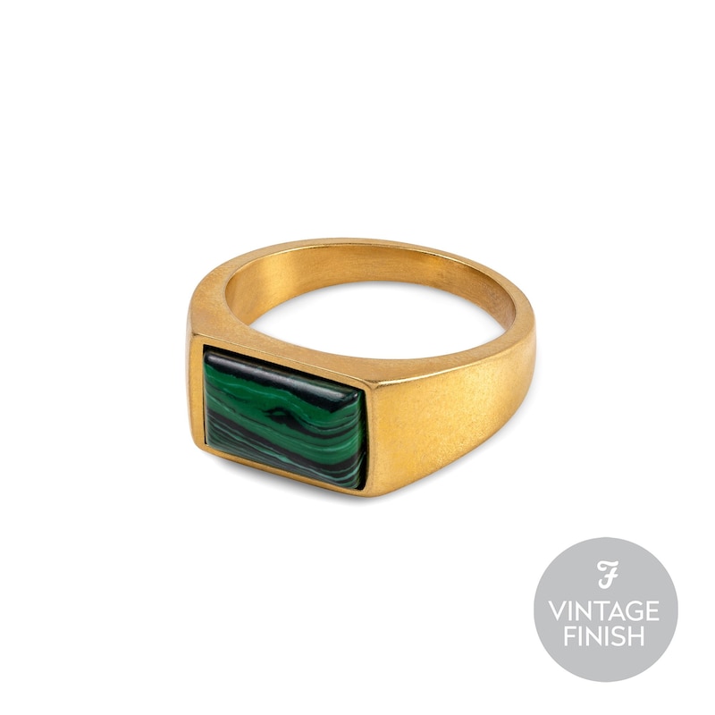 Farah Men's Gold Tone Faux Malachite Logo Ring (Size R)