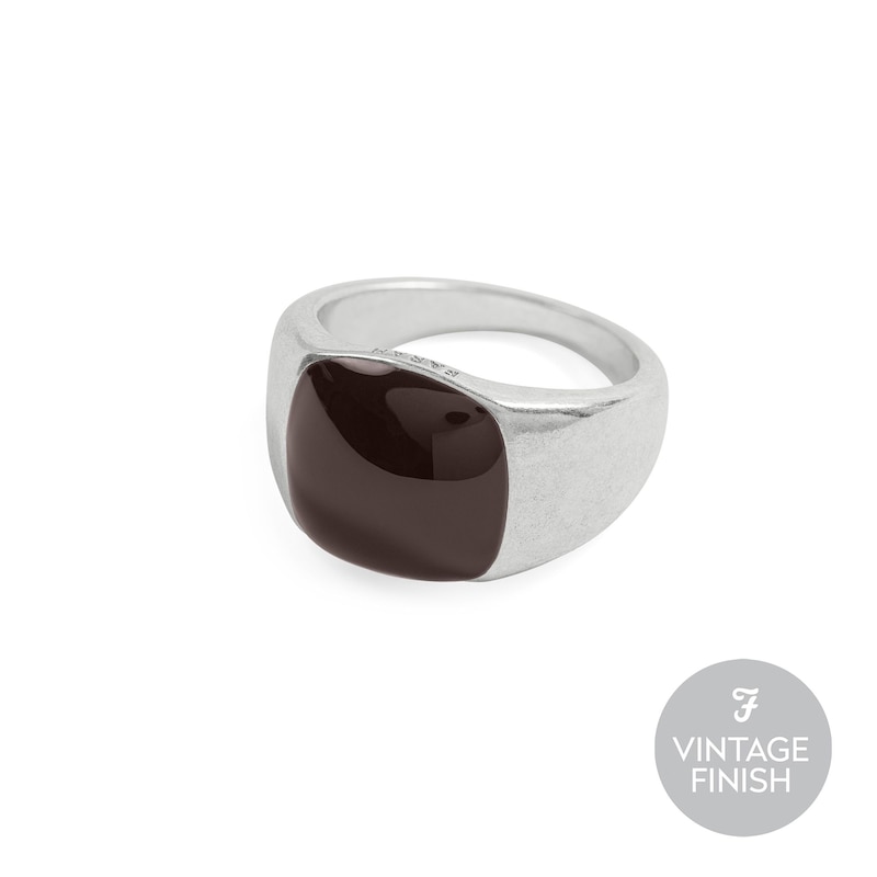 Farah Men's Stainless Steel Brown Enamel Logo Ring (Size R)