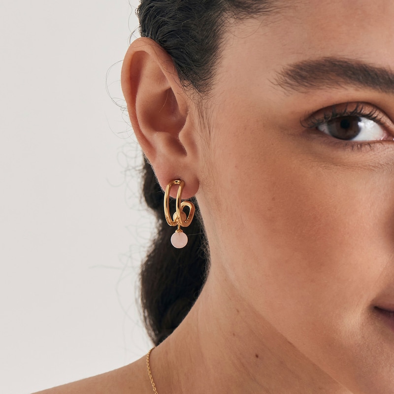 Main Image 2 of Ania Haie 14ct Gold Plated Sterling Silver Rose Quartz Hoop Earrings