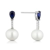 Thumbnail Image 1 of Sterling Silver Pearl & Created Sapphire Drop Earrings
