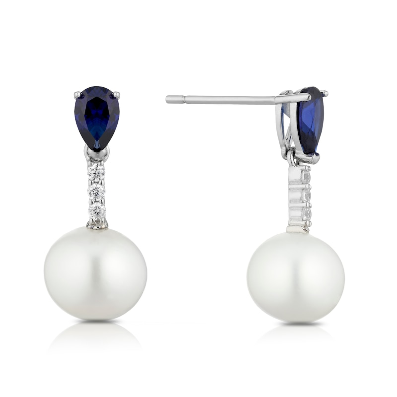 Main Image 1 of Sterling Silver Pearl & Created Sapphire Drop Earrings