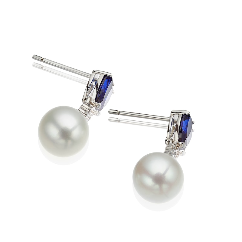 Main Image 2 of Sterling Silver Pearl & Created Sapphire Drop Earrings