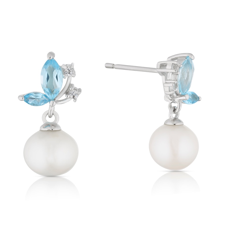 Silver Cultured Freshwater Pearl Blue & White Topaz Drop Earrings