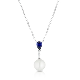 Sterling Silver Pearl & Created Sapphire Pendant