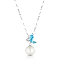 Silver Cultured Freshwater Pearl Blue & White Topaz Pendant