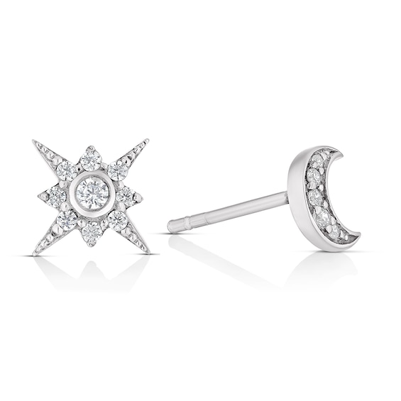 Sterling Silver Cubic Zirconia Moon and Star Stud Earrings