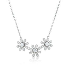 Sterling Silver Cubic Zirconia Triple Daisy Necklace