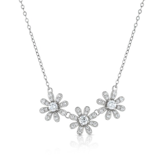 Sterling Silver Cubic Zirconia Triple Daisy Necklace