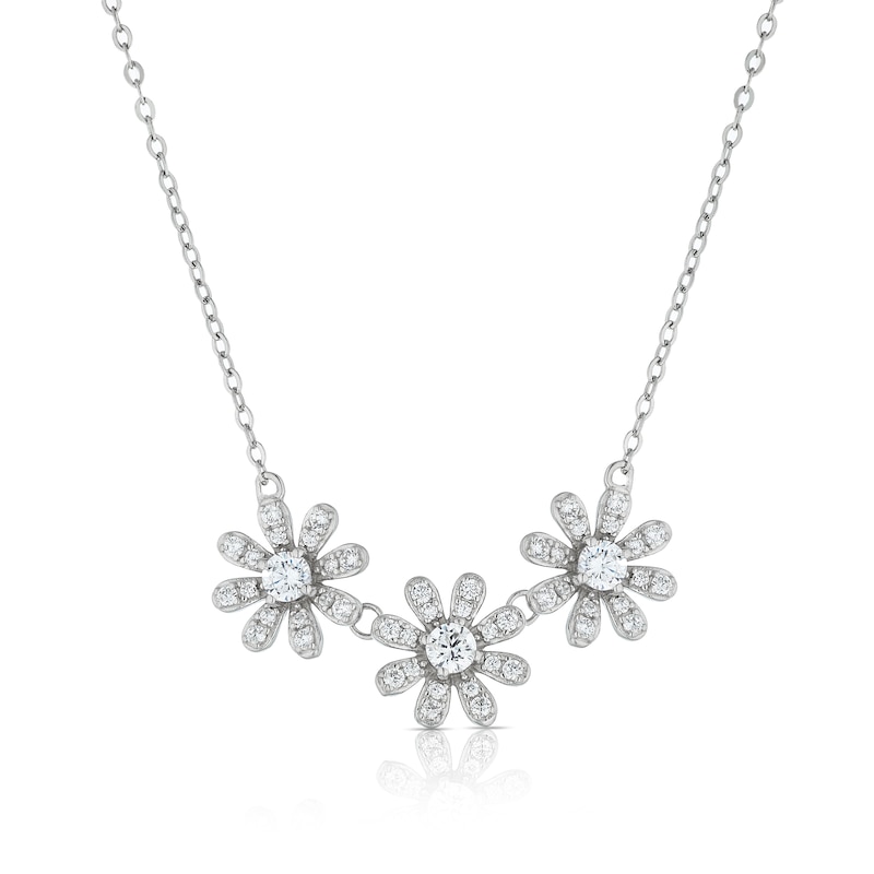Main Image 1 of Sterling Silver Cubic Zirconia Triple Daisy Necklace