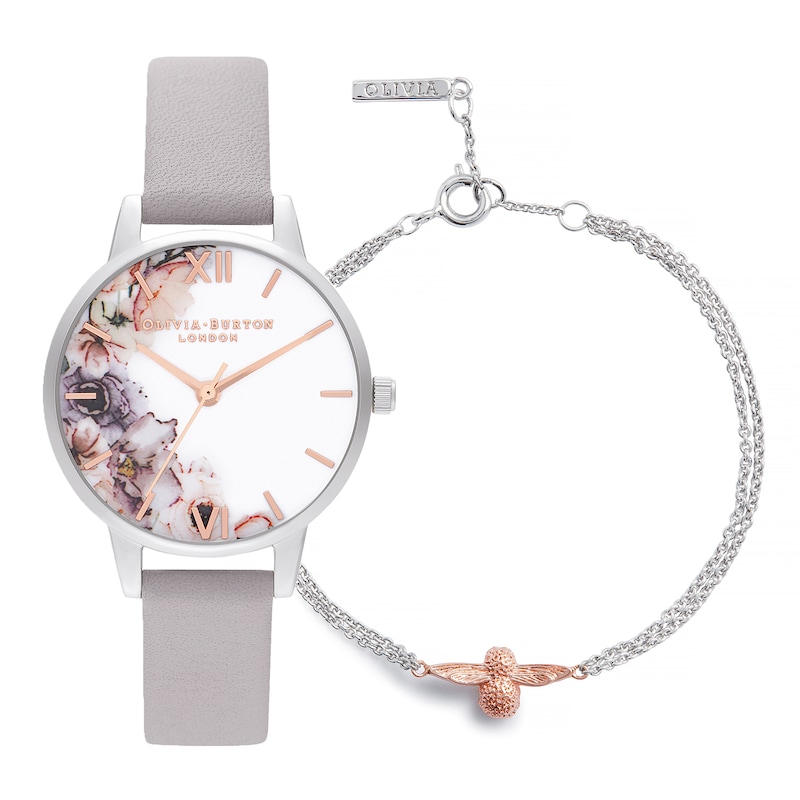 Main Image 1 of Olivia Burton Grey Leather Strap Watch & Two Tone Bee Bracelet Gift Set