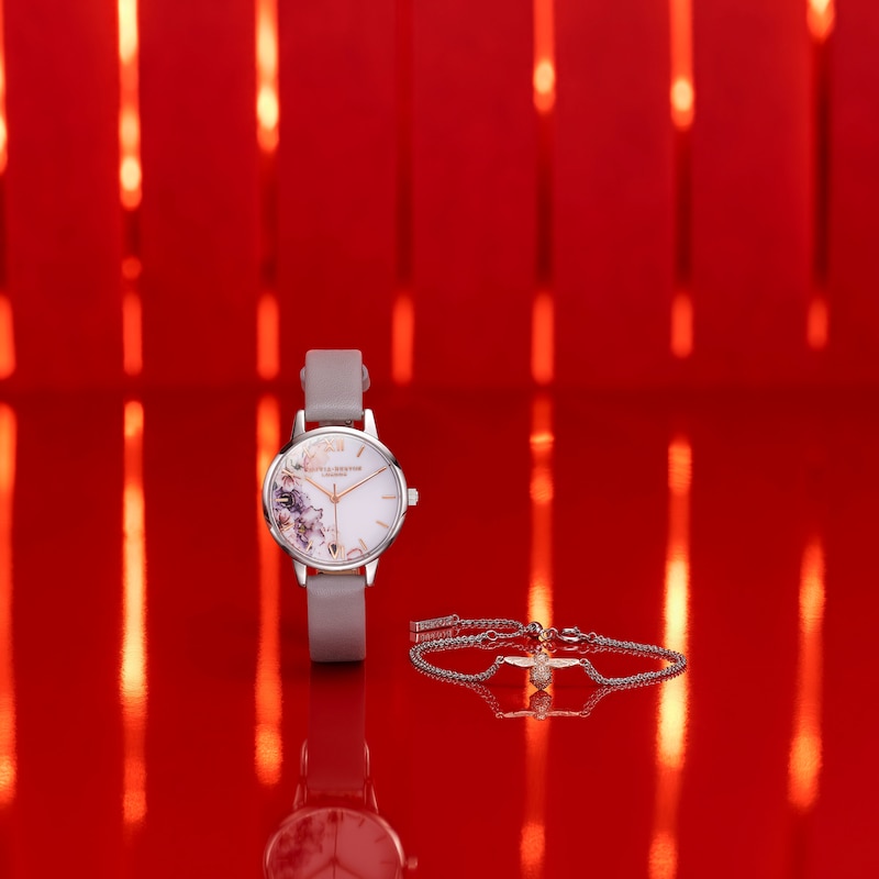 Main Image 6 of Olivia Burton Grey Leather Strap Watch & Two Tone Bee Bracelet Gift Set