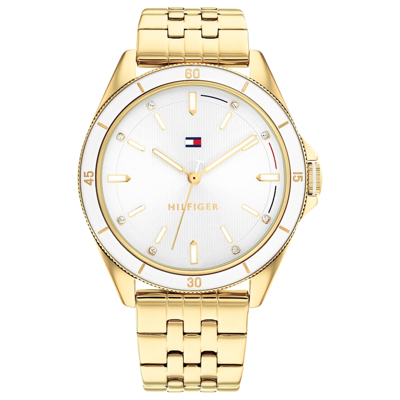 Tommy Hilfiger Crystal Ladies' White Dial & Gold IP Bracelet Watch | H ...