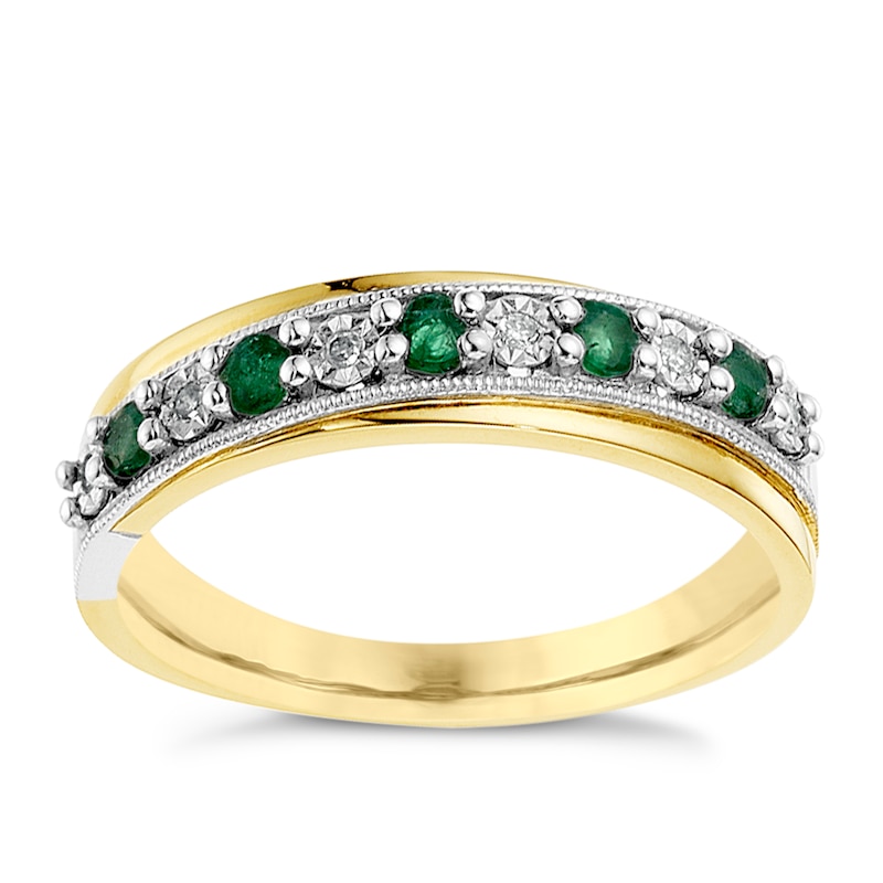 Main Image 1 of 9ct Yellow Gold Treated Emerald & Diamond Ring