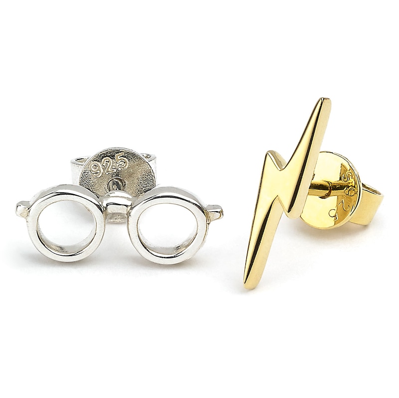 Harry Potter Sterling Silver & Gold Plated Lightning Bolt & Glasses Stud Earrings