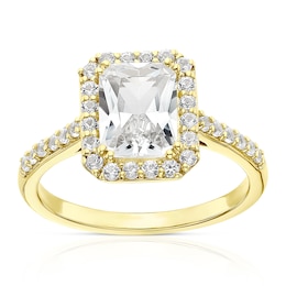 Sterling Silver & 18ct Gold Plated Vermeil Created White Sapphire Emerald Cut Halo Ring