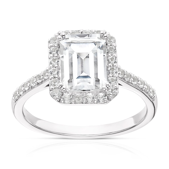 Sterling Silver Created White Sapphire Emerald Shape Halo Ring