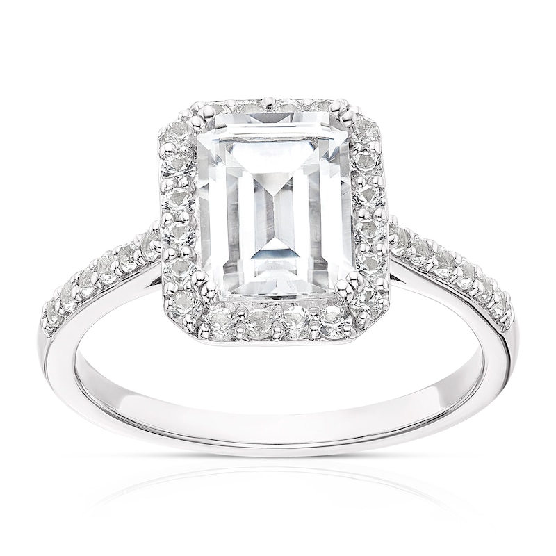 Main Image 1 of Sterling Silver Created White Sapphire Emerald Shape Halo Ring